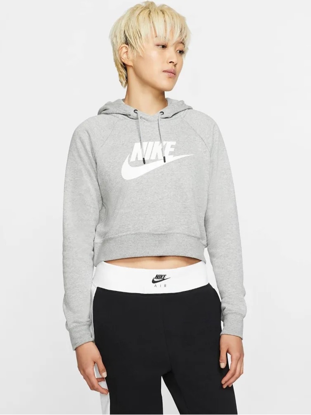 Nike Grey Cropped Pullover Hoodie with White Swoosh